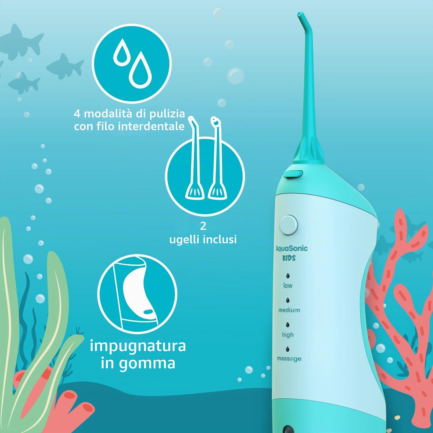 AquaSonic Flosser d'acqua per bambini dai 6 anni in su | Ugello standard, ugello ortodontico e adesivi impermeabili | 4 modalità di filo interdentale | Tema avventure per acquario