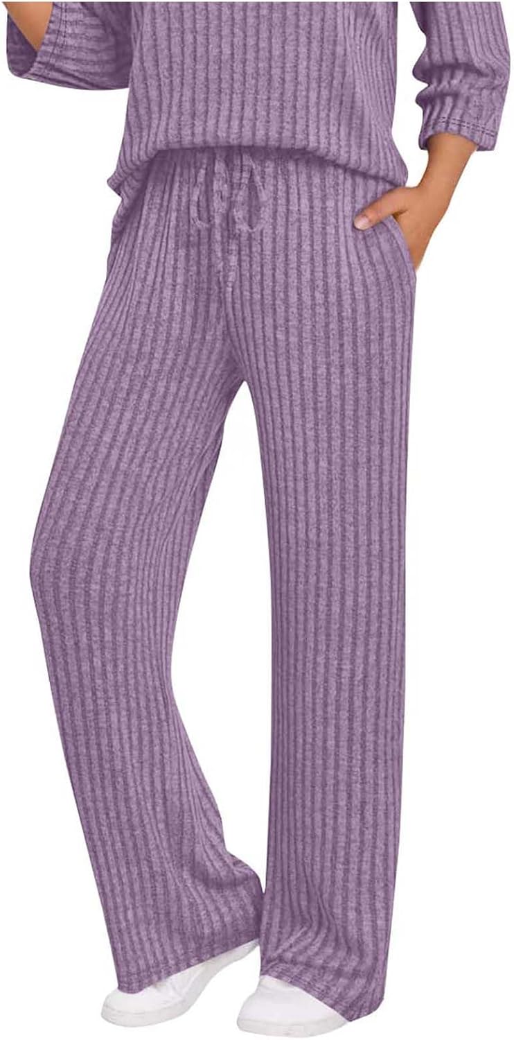 Womens Ribbed Knit Lounge Pants Elastic High Waist Loose Wide Leg Drawstring Pant Fall Comfy Solid Color Trousers