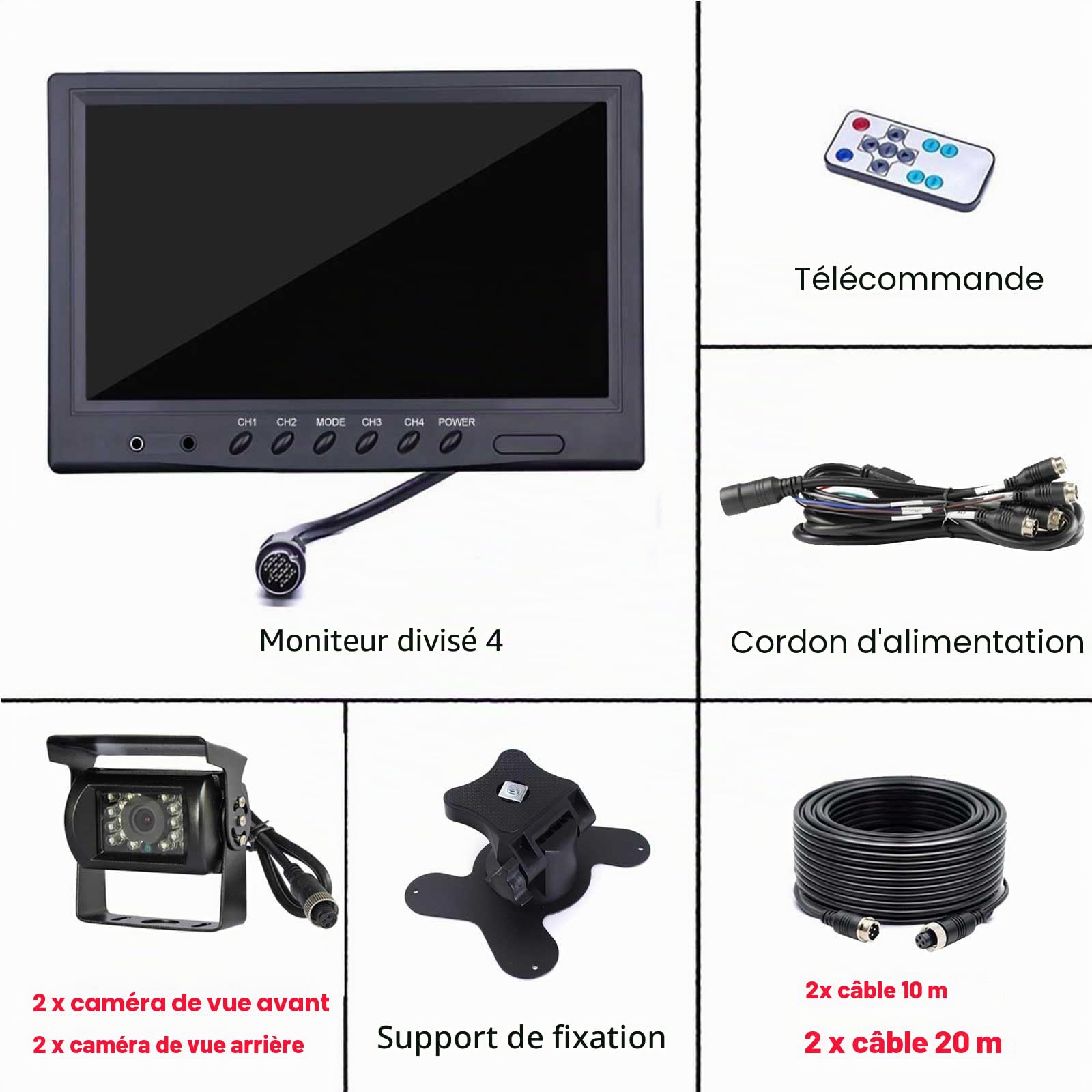 Kit de caméra de recul filaire de 9 pouces, moniteur HD 4 écrans divisés de 9" avec caméra de recul étanche pour vue arrière et avant, vision nocturne pour camion/semi-remorque/bus/caravane/VR 9V-36V