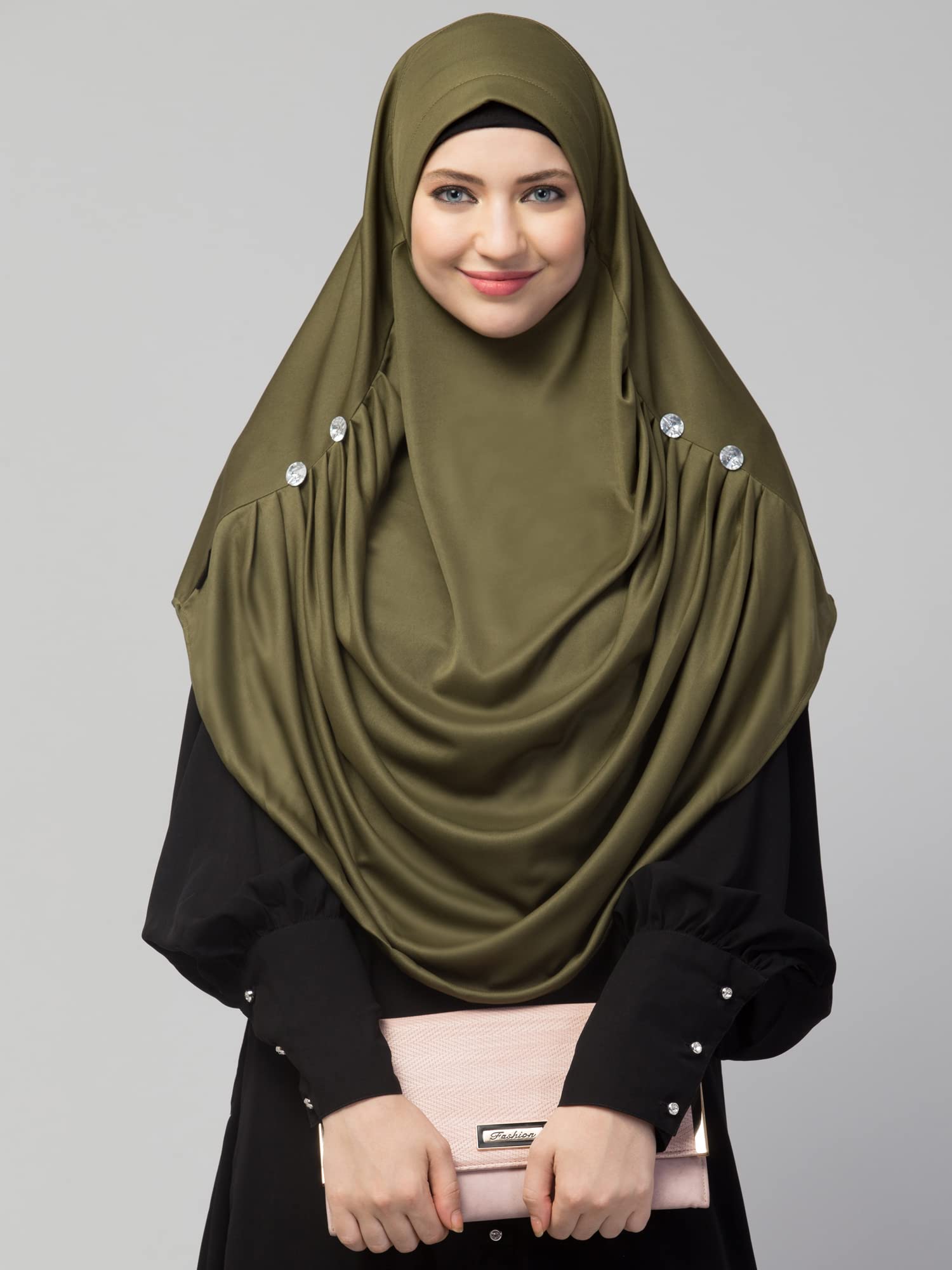 NAZNEEN Front Gather & Pleated with Cristal Stone Ready to wear Prayer Hijab (Olive Pleated Hijab) 4