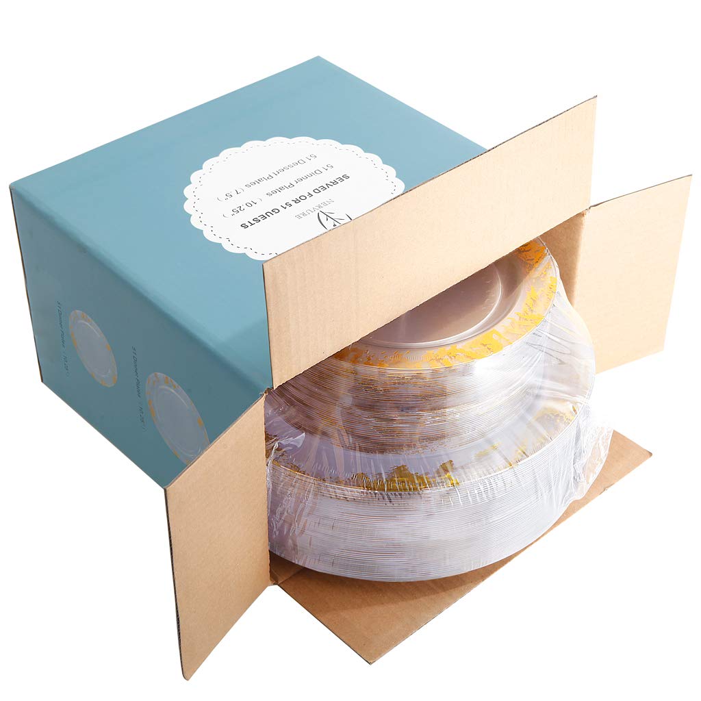 Nervure 102PCS Clear with Gold Marbling Plastic Plates - Disposable Gold Plastic Plates - 51 Plastic Dinner Plates 10.25inch, 51 Salad Plates 7.5inch for Thanksgiving & Party
