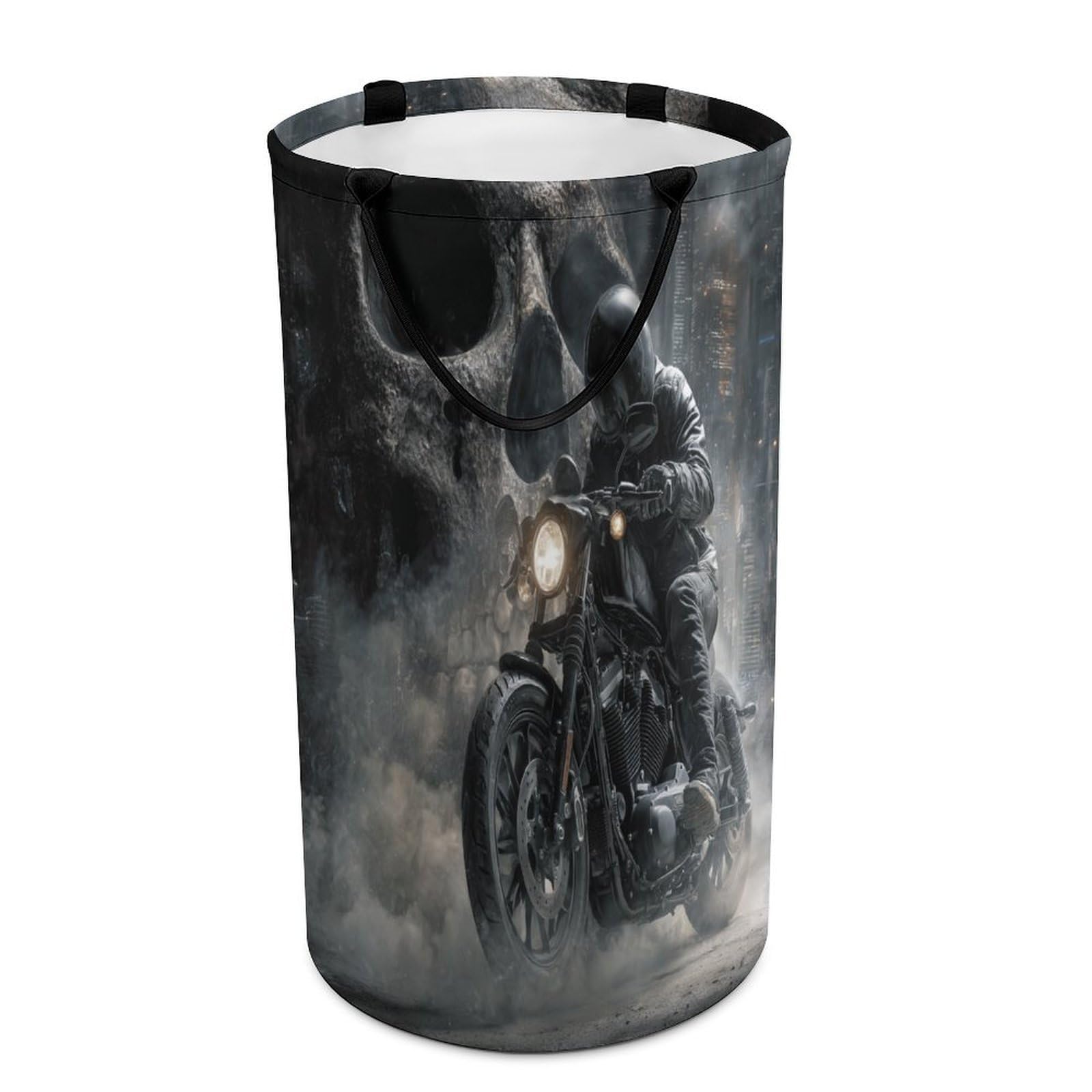 LUYYSKY Rustic Cool Motorbike Rider Versatile Storage Laundry Basket, Modern Classic Extreme Sports Theme Spooky Skull Skeloton Large Capacity Bathroom Hamper With Handle