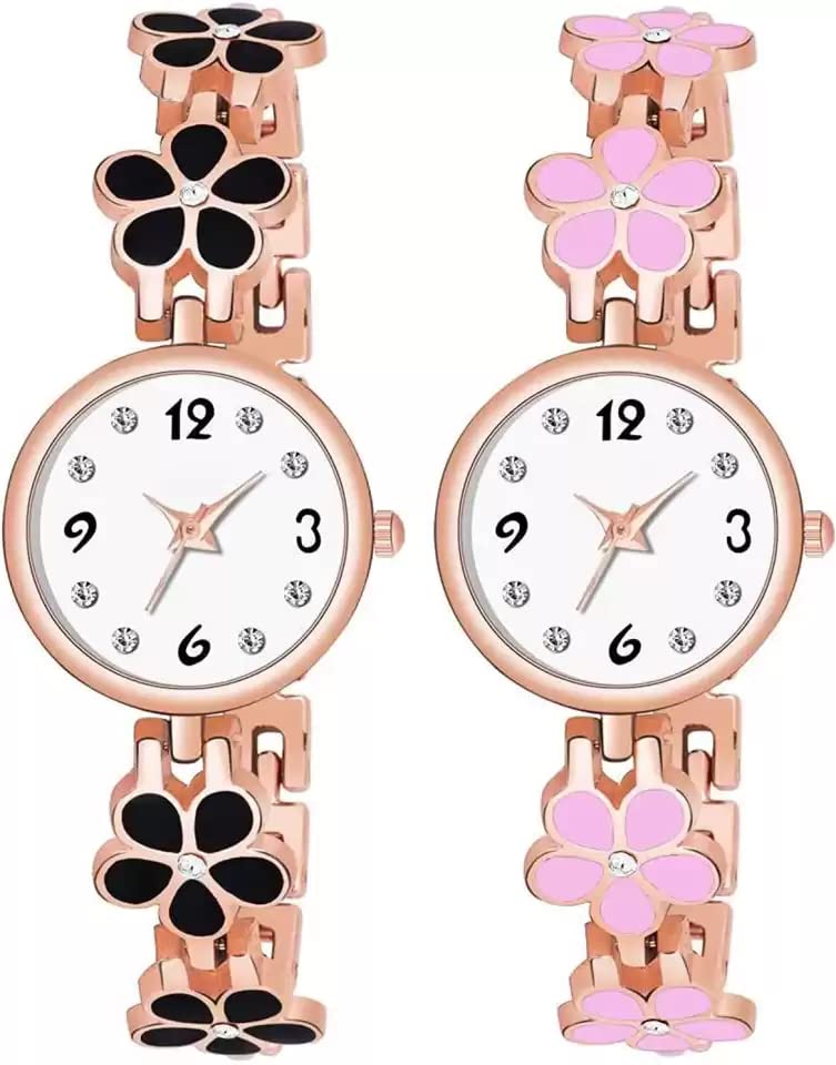GOLDENIZE FASHION Stylish Multicolour Rose Gold Flower Pattern Round Diamond Dial Unisex Analog Gift Wrist Watches for Women & Girls Combo Pack of 2 (B09ZD8JS6C) Amazon Price History, Amazon Price Tracker
