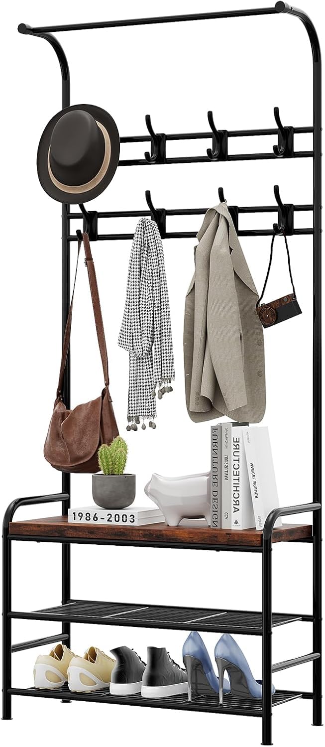 Industrial 3-in-1 Hall Tree Coat Rack with Shoe Bench – Space-Saving