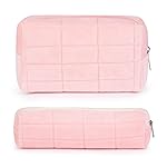 SOIDRAM Checkered Cosmetic Bag - Plush Pink Makeup Pouch, Large Capacity, Travel Toiletry Bag Organizer with 1Pcs Makeup Brushes Storage