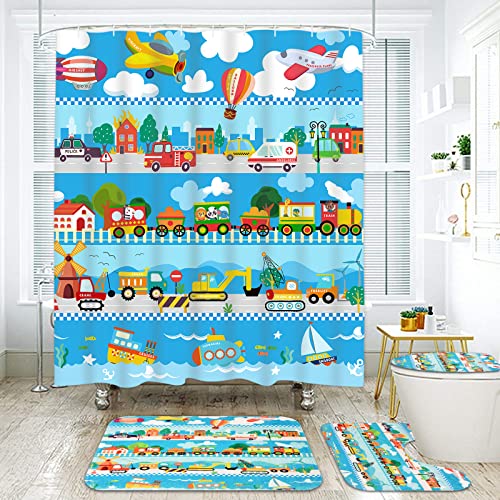 Ikfashoni 4 Pcs Kids Truck Shower Curtain Set With Rugs, Toilet Lid Cover And Bath Mat, Cartoon Train Excavator Shower Curtain With 12 Hooks, Colorful Airplane Ship Print Shower Curtains For Bathroom #TOP1