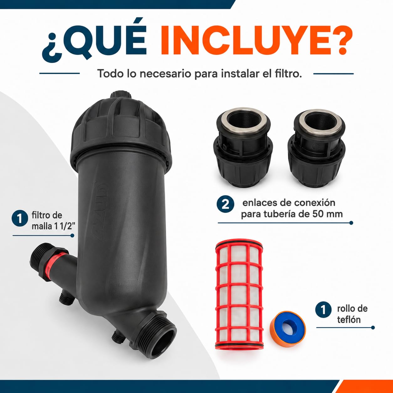 Filtro de Malla 1 1/2" para Riego, Tubería 50 mm, Kit con Enlaces