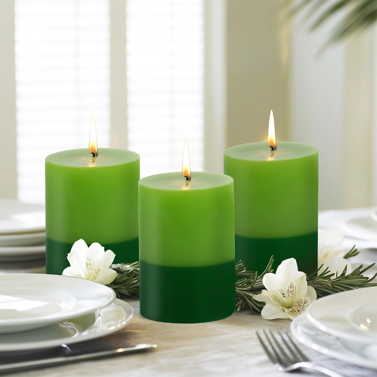 KONNI Green Layered Pillar Candles Set of 3, 3"x 4" Unscented Pillar Candles Bulk, 39 Hours Long Burning Candles, Smokeless&Dripless Large Round Candle for Wedding, Home Decoration, Parties, Dinner - Image 4