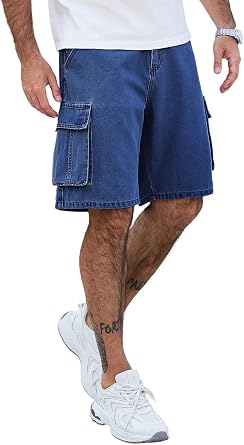 Baggy Cargo Jean Shorts for Mens Y2K Denim Jorts | Elastic Waisted,Wide Leg,Relaxed Fit,Summer Hip Hop Denim Shorts,Flap Pockets,Comfy Casual Streetwear
