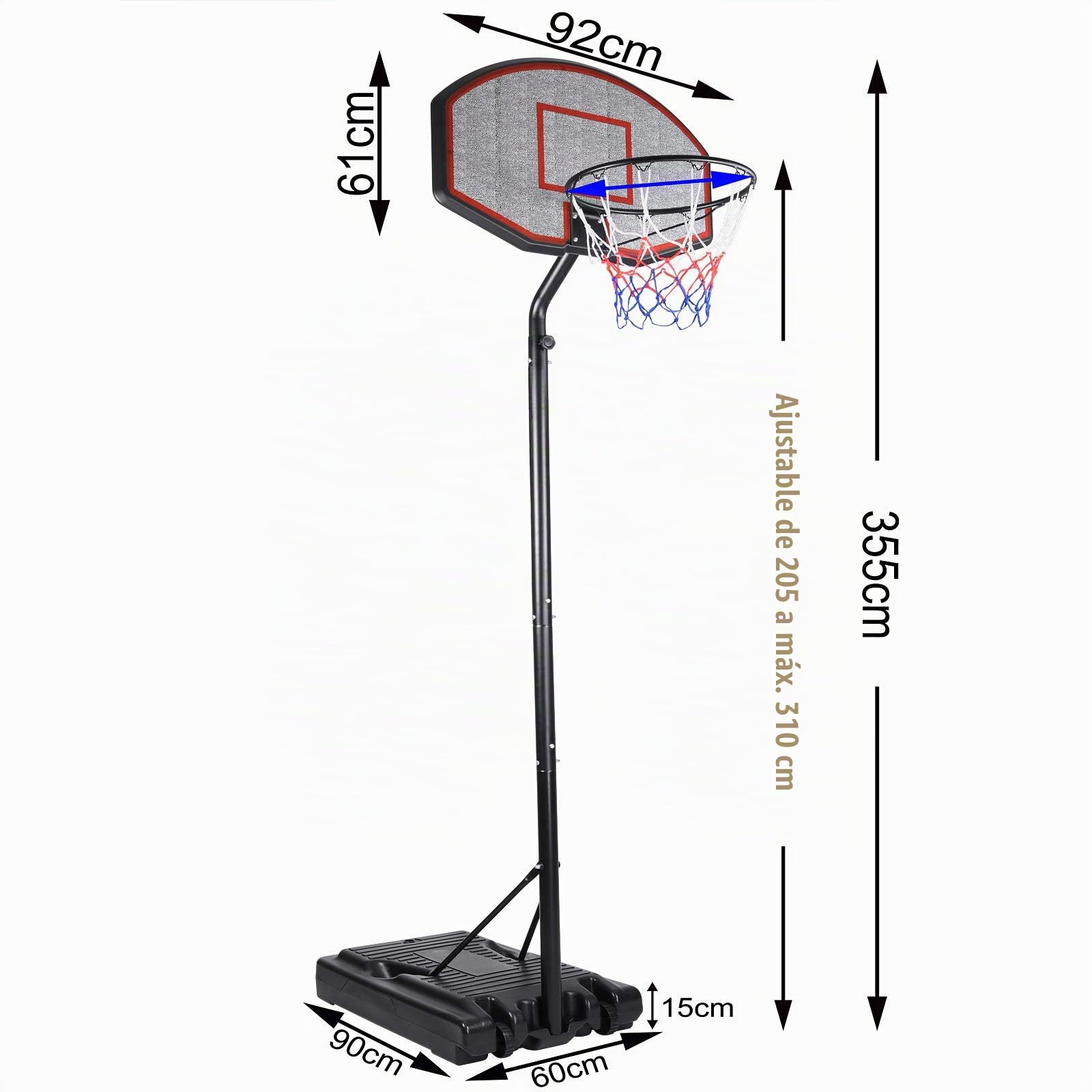 Deuba® Canasta Baloncesto con Soporte Altura Ajustable 205-305cm Base 70Kg Ruedas Niños Adultos