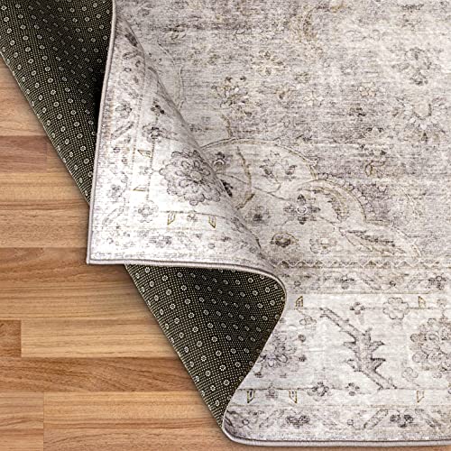 Realife Machine Washable Rug - Stain Resistant, Non-Shed - Eco-Friendly, Non-Slip, Family & Pet Friendly - Made From Premium Recycled Fibers - Vintage Bohemian Medallion - Beige Ivory, 2'6" X 8' #TOP3