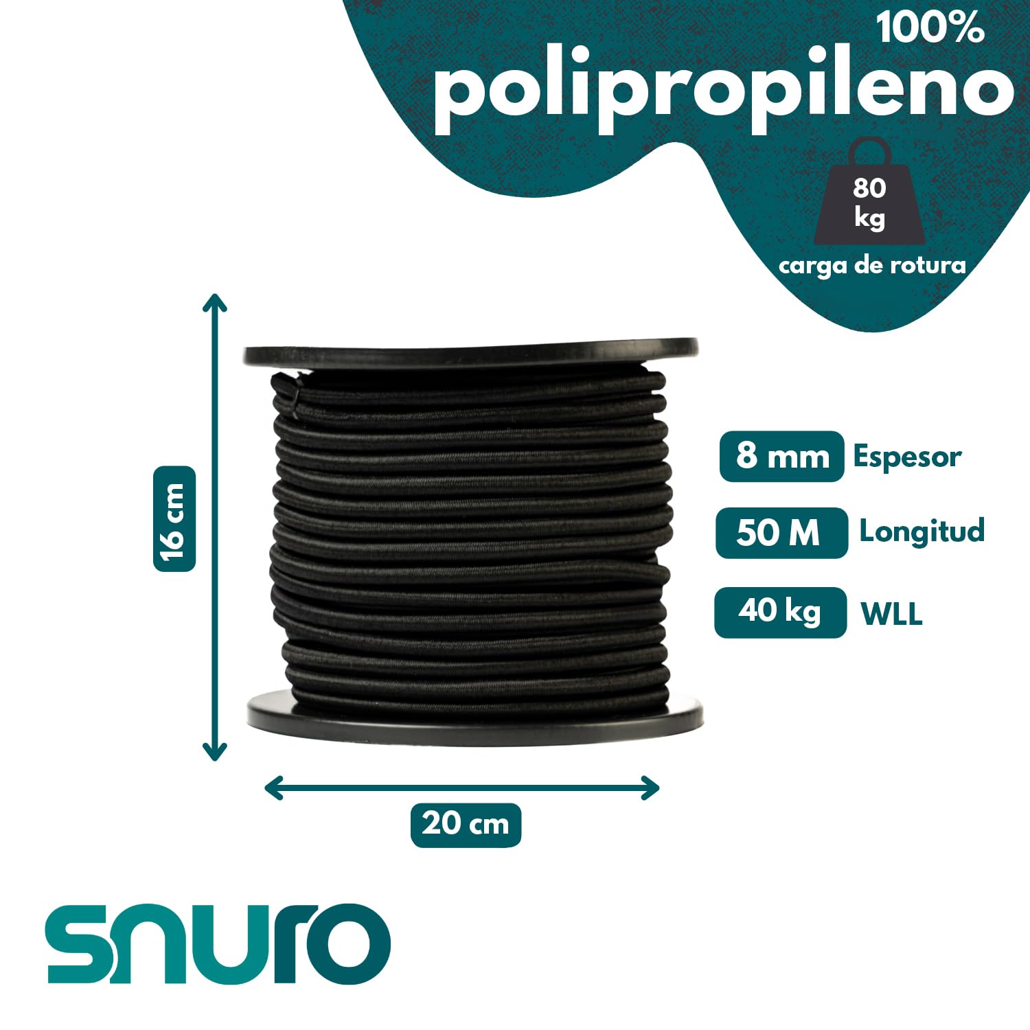 Cuerda elástica redonda (8 mm, 50 m, negro) – Calidad profesional – Resistente a la intemperie y reutilizable – Fuerza de rotura 80 kg