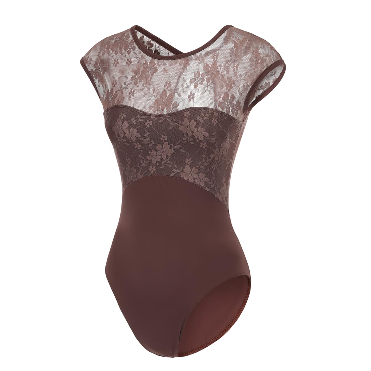 Lanbodance Women's Brown Lace Short Sleeve Ballet Leotards For Adult Dance Gymnastics Bodysuit, Medium