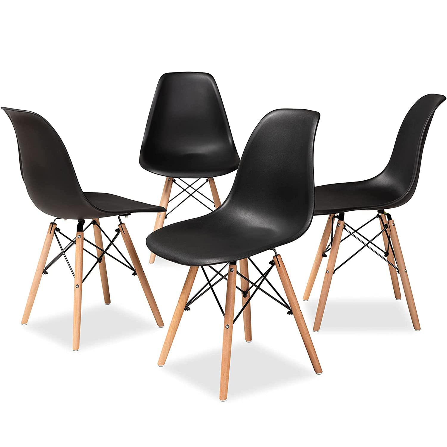 Modern Dining Chair, Lounge Chair, Office Chair, Plastic Shell Chair, Eames Style Chair with Wood Legs and Plastic Seat, for Living Room, Bedroom, Kitchen, Dining Side Chairs, Set of 4 (Black)