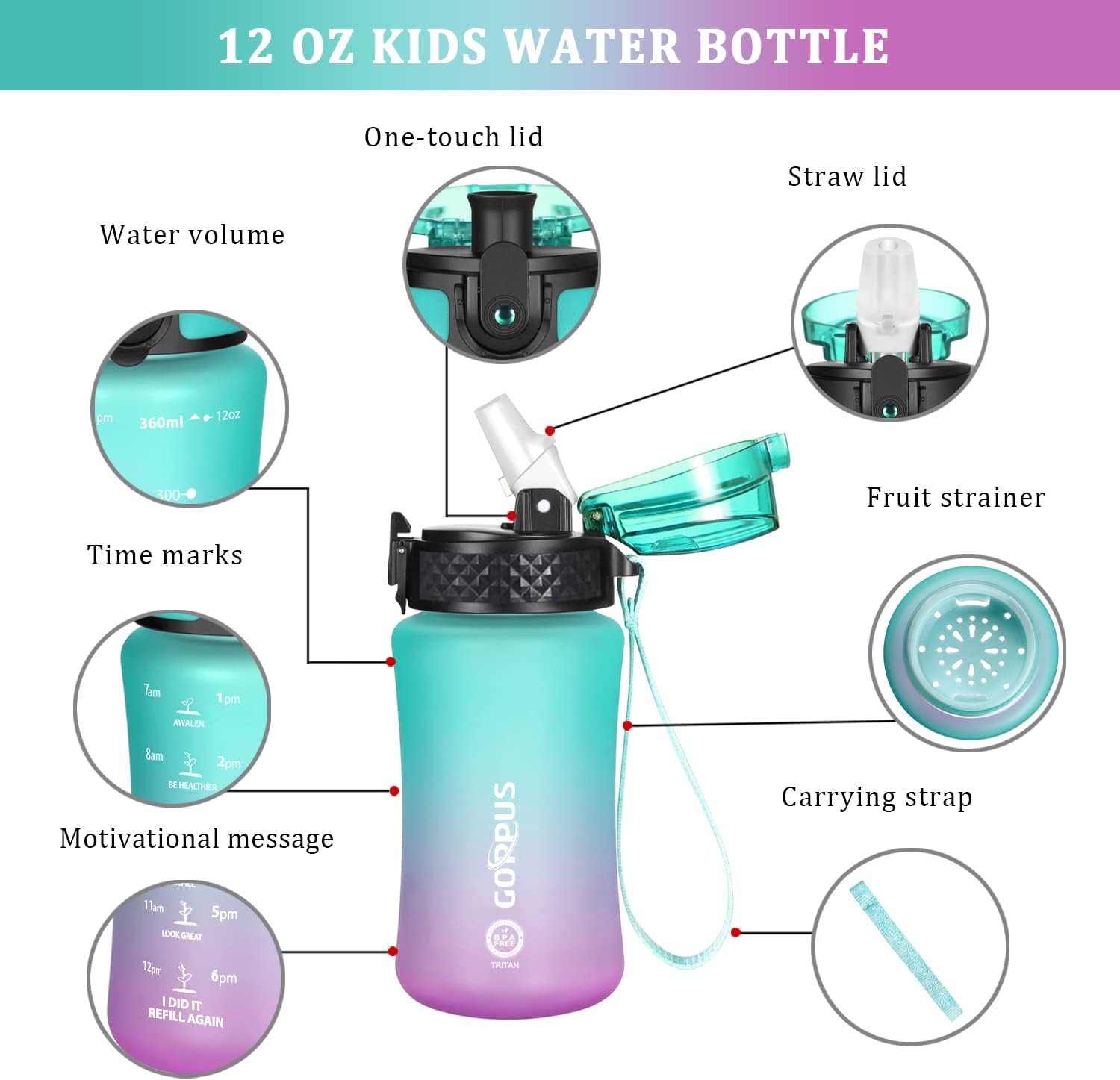 GOPPUS 350ml/12oz Kids Water Bottle With Straw Tritan Drinks Bottle with Strap Small Toddler Juice Bottles with Flip Top Lid Leakproof Children's Cup with Time Marking BPA free Girl Boy (Green Purple) - Image 5