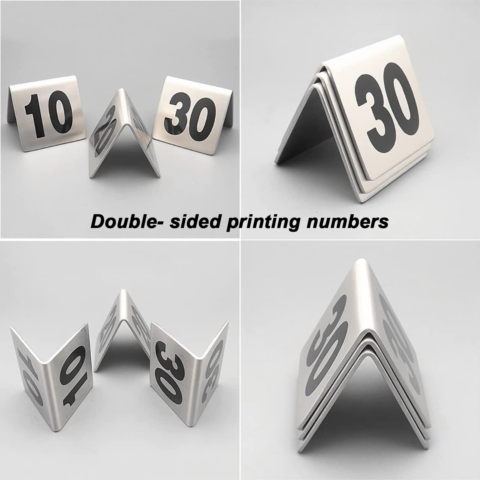 Zestaw numerów stołów ze stali nierdzewnej, Stojaki na numery stołów trójkątnych ze stali nierdzewnej 1-50/100 Dwustronne 5x4x3,5 cm(1100)