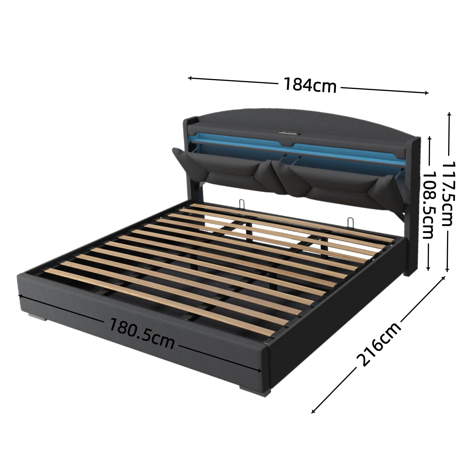 Polsterbett Doppelbett 180x200 cm mit LED, USB C, Hydraulische Bett mit Stauraum und Kopfteil, Stauraumbett Bettgestell mit Metallrahmen Bettkasten und Lattenrost, Leinen, Grau, Ohne Matratze