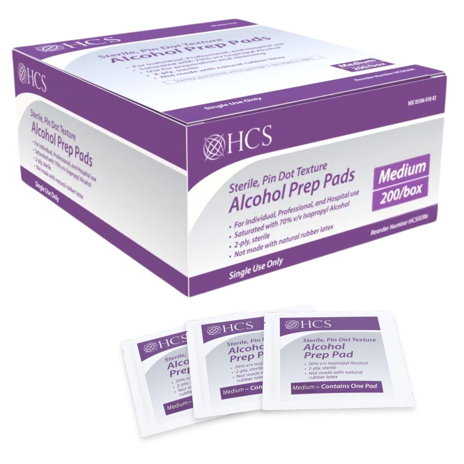 HCS Medium Alcohol Prep Pads - 70% Isopropyl Alcohol Wipes, Individually Wrapped - 2 ply, Textured, Sterile Skin Prep Swabs (200/Box)