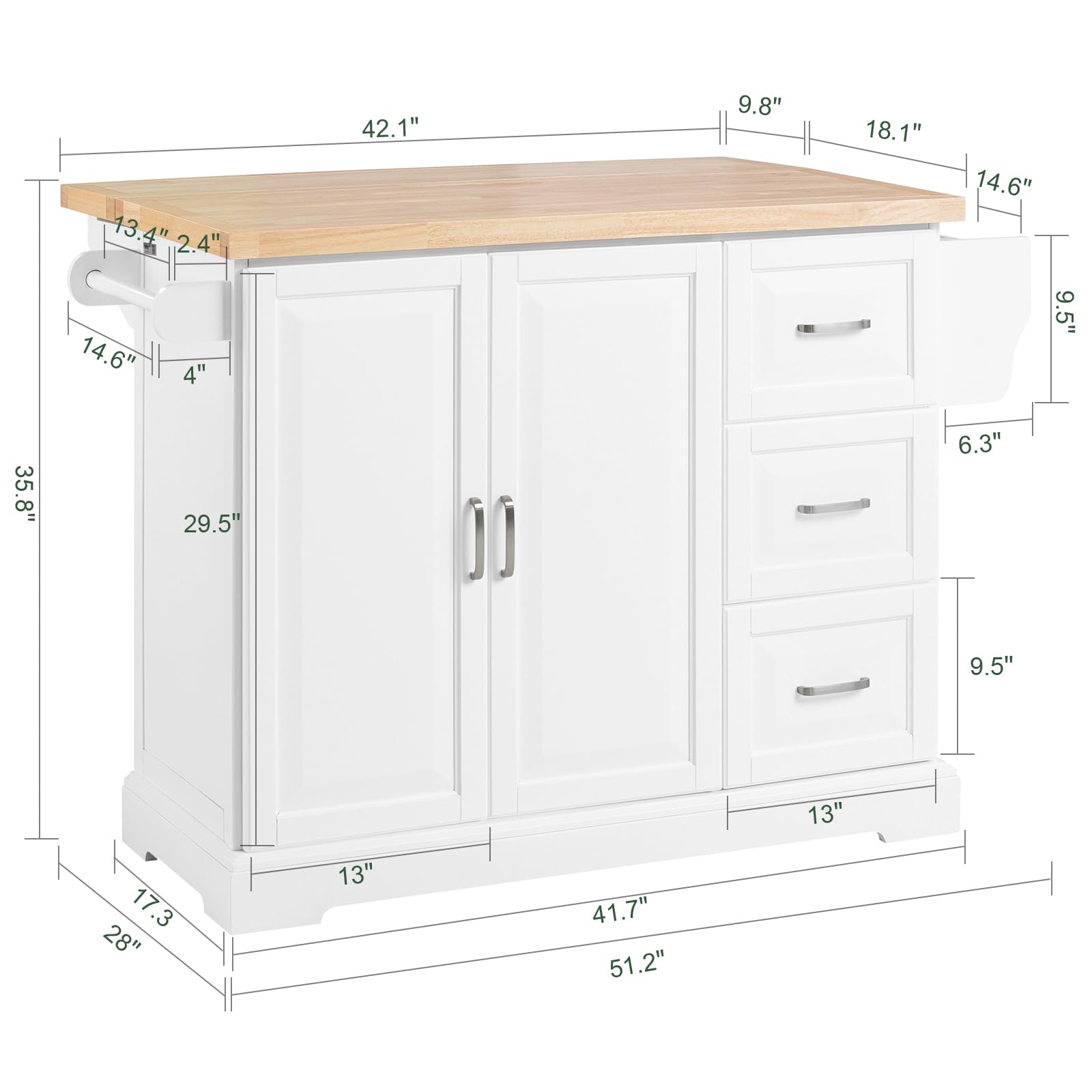 SoBuy Isla Cocina con encimera de Madera Maciza Extensible Carrito de Cocina con Ruedas Mueble de Cocina con 3 cajones Blanco 130x91x(46-71) cm FKW41-II-WN