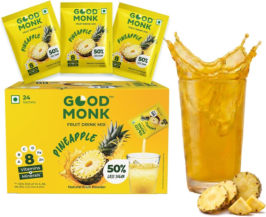 - Good Monk Fruit Drink Mix (Natural Pineapple Powder), 50% Less Sugar with 8 Vitamins & Minerals (Vitamin B12, C, D, Iron & more) | Tasty & Healthy Drink Mix for Hydration, Energy, Immunity, 24 Sachets