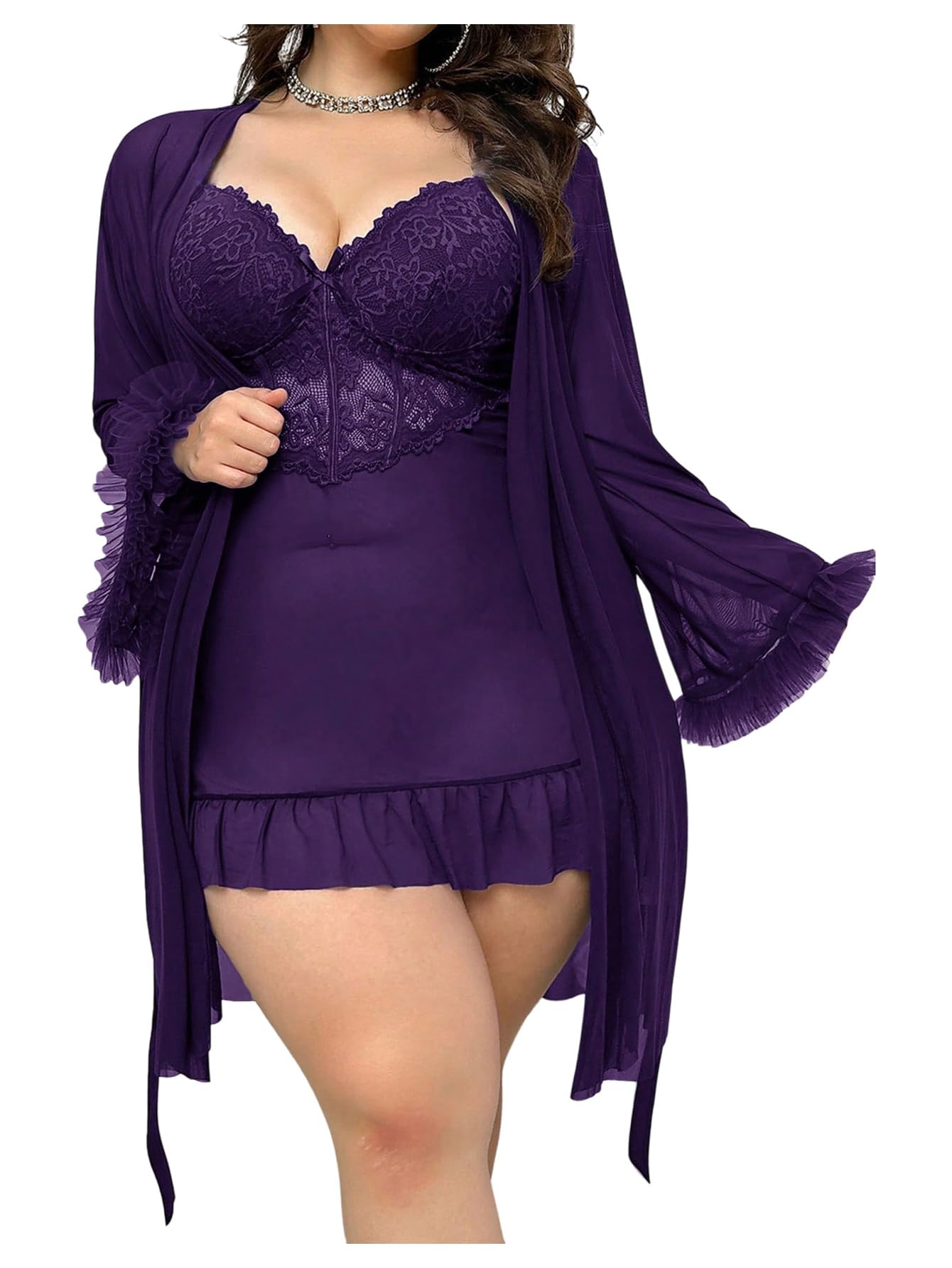 OYOANGLE Women's Plus Size 2 Piece Lace Sheer Chemise Nightgown with Long Sleeve Robe Set Nightwear: 4X-Large Plus Purple