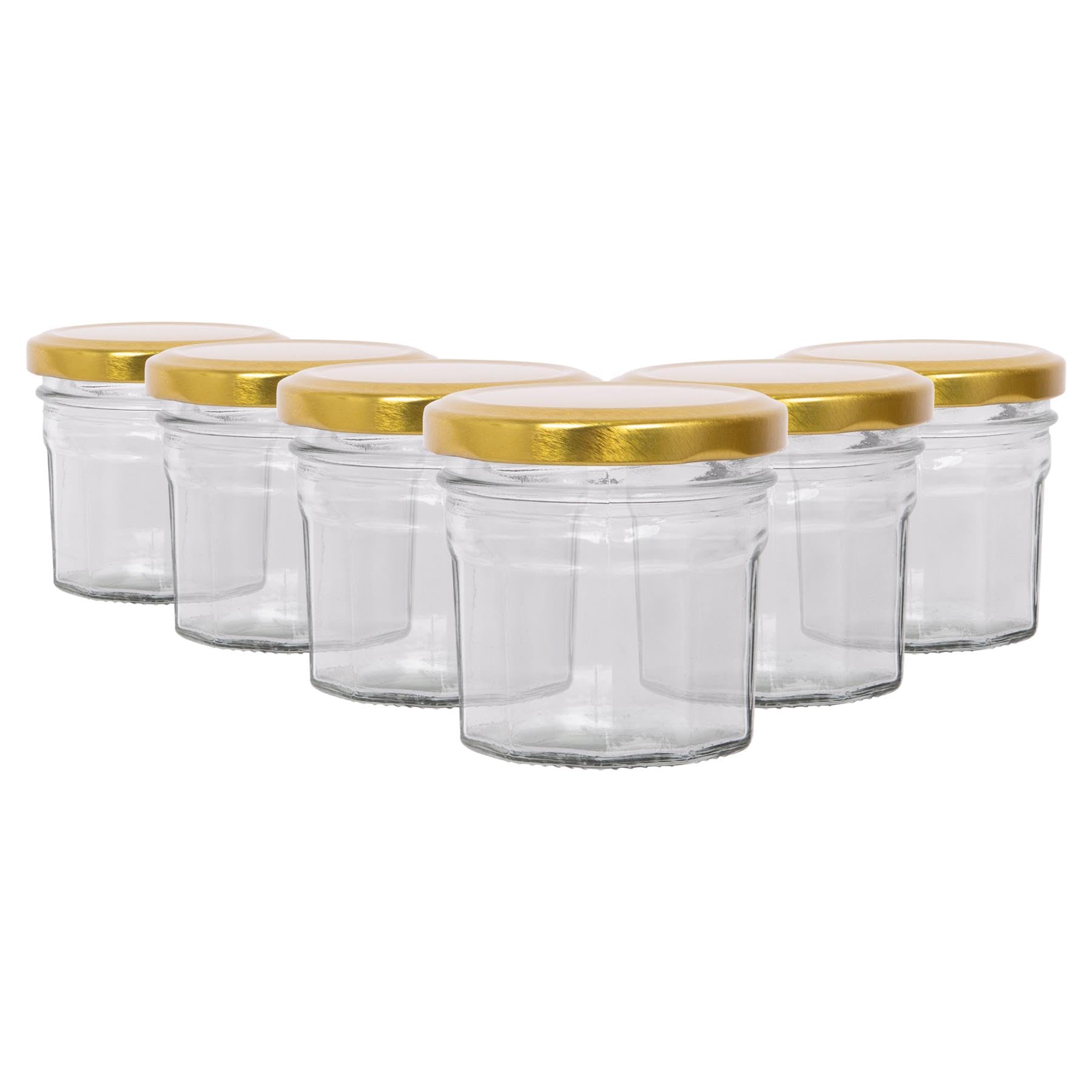 Argon Tableware Gold Lid Glass Jam Jars With Airtight S - 90Ml - Pack Of 6 - Empty Screw Top Kitchen Storage Jar For Food, Honey, Spice, Pickling, Preserving, Candle Making