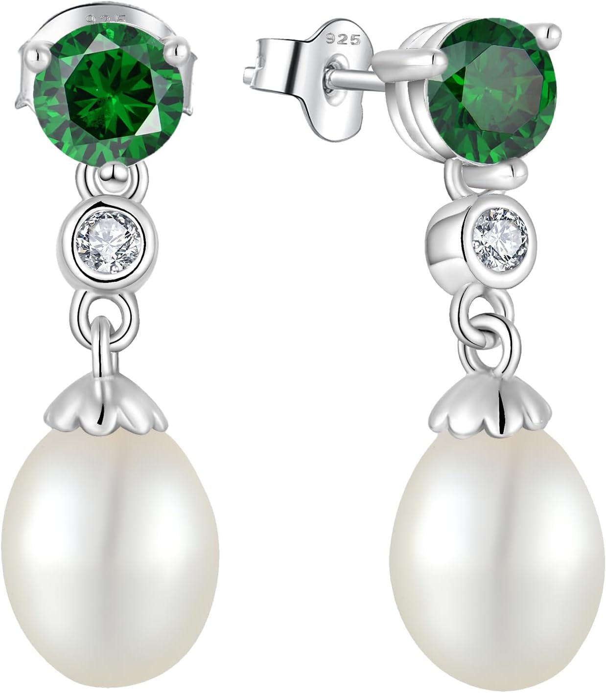 Pearl Earrings 925 Sterling Silver Cubic Zirconia Pearl Dangle Earrings with 8 * 10mm Freshwater Cultured Pearl Earrings for Bride Mother Birthday Gift