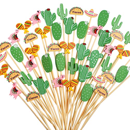 Fiesta Cupcake Toppers Mexican Fiesta Assorted Tropical Cocktail Toothpick Llama Cactus Mexican Hat Handmade Bamboo Toothpick For Fiesta Cinco De Mayo Carnival Festival Holiday Supplies (100 Pieces) #TOP20