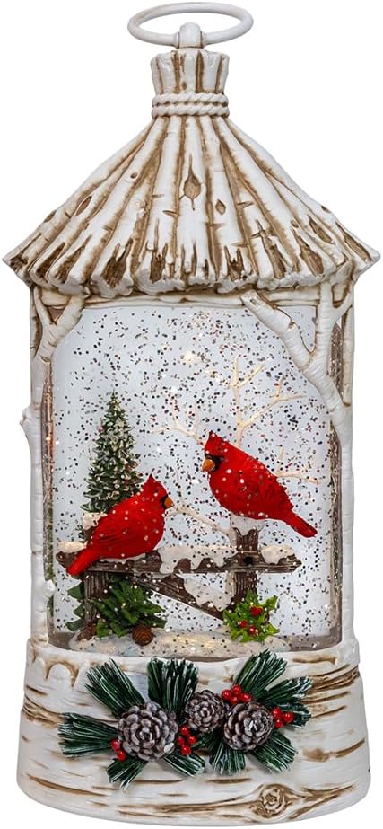 Kurt Adler 10.875" Battery Operated USB LED Lighted Lantern with Cardinals & Spinning Glitter Water