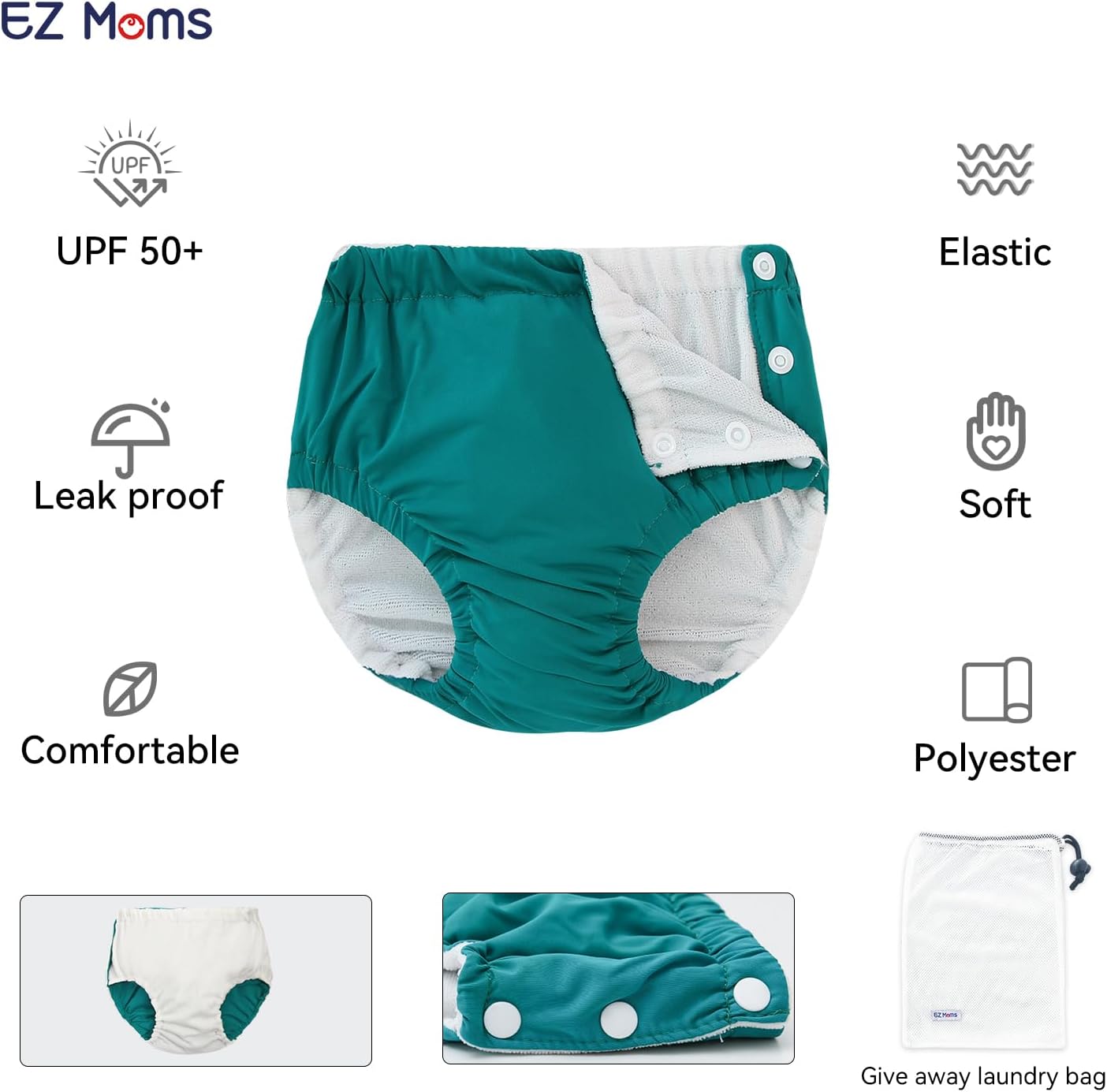 EZ Moms 2 Packs Reusable Swim Diapers Toddler Baby Swim Diapers Size 1 Washable Snap Pool Infant Swimming Diaper 12-18 Months Soft Water Diaper for Swimming Lessons Boys and Girls with a Laundry Bag - Image 2