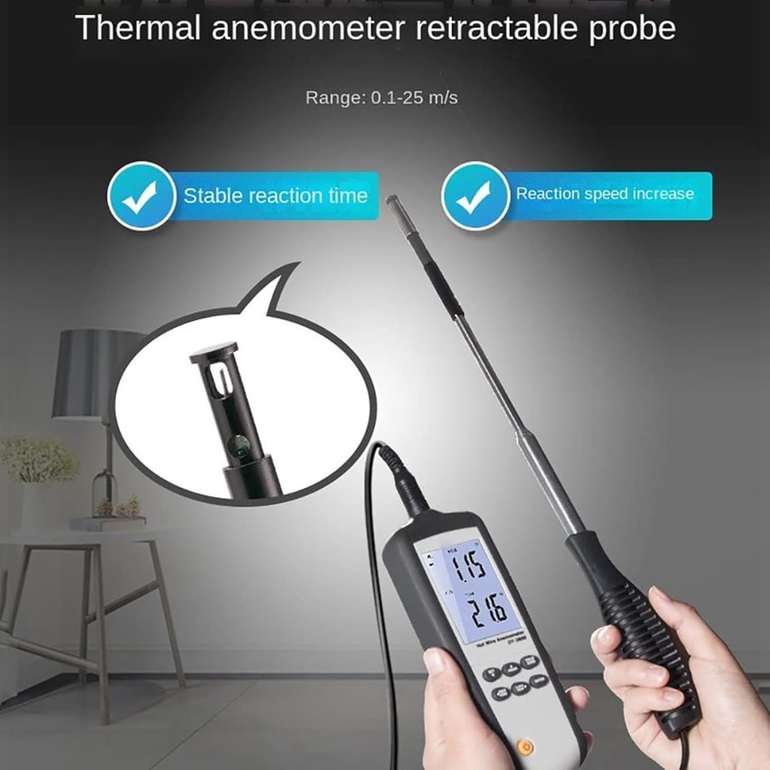 Anemómetro de alambre caliente portátil, medidor digital de velocidad del viento, pantalla LCD con retroiluminación, velocidad del viento 0,1~25,0 m/s, for pruebas ambientales