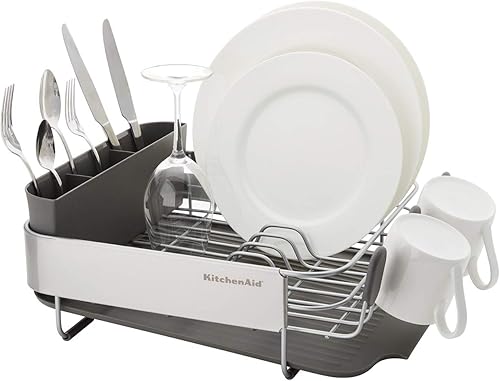 Miniatura 4 de KitchenAid Escurridor de platos compacto que ahorra espacio, resistente al óxido, con tabla de drenaje inclinada de autodrenaje y organizador de