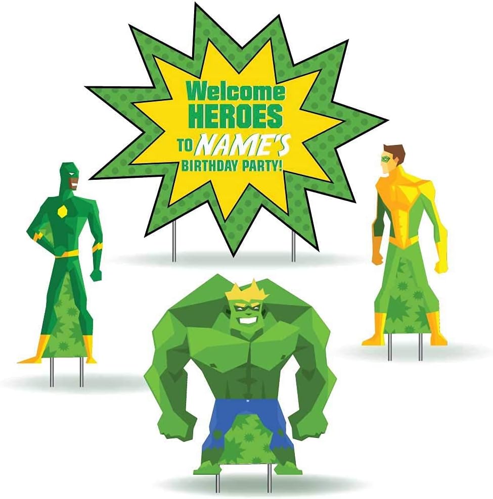 VictoryStore Super Hero Birthday Party Supplies: Happy Birthday Super Hero or Happy Birthday Super Heroines Yard Decoration Sets 4pcs Includes stakes (Super Hero Custom)