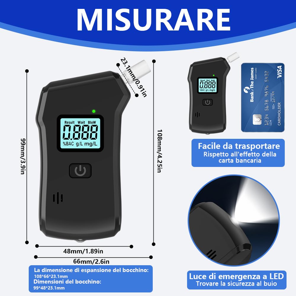 Etilometro Portatile Professionale - Display LCD, 20 Boccagli, Alta Precisione, Per Uso Domestico E Di Gruppo - Foto 4