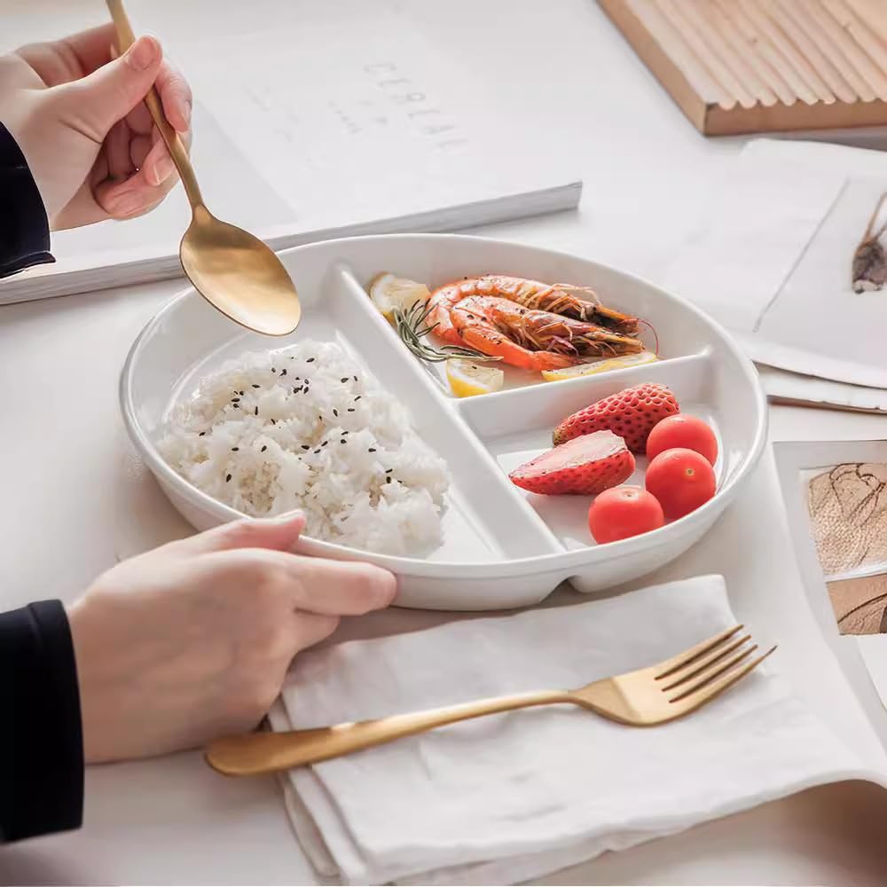 Assiettes Assiette à dîner compartimentée blanche créative japonaise en céramique, assiette for la réduction des matières grasses, de petit-déjeuner, fitness Vaisselle