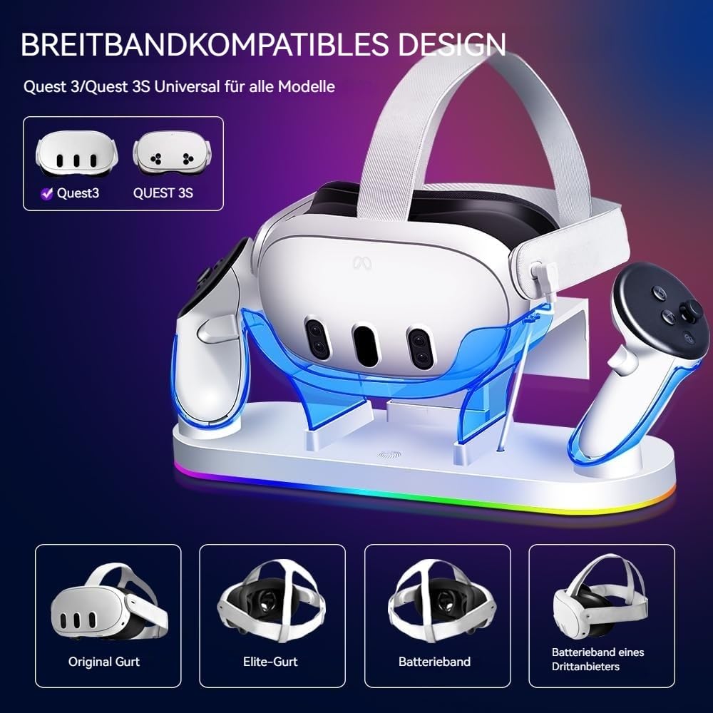 Ladebasis für Meta Quest 3/3S, 18W Schnellladegerät mit 2 wiederaufladbaren Akkus, 8 LED-Beleuchtungsmodi, USB-C Ladezubehör, Kompatibel mit Elite-Kopfgurt und Akkugurt