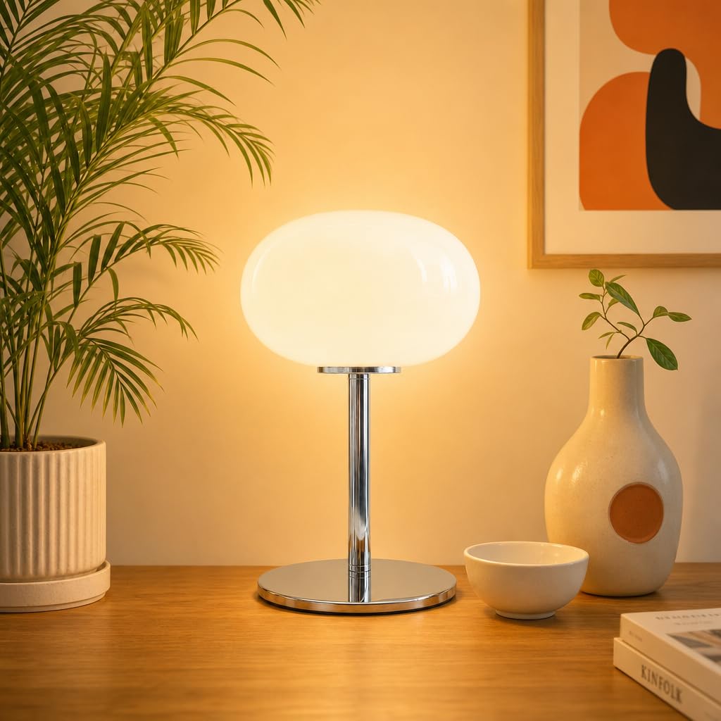 LED Dimmbar Tischlampe mit USB Stecker und Kabel Moderne Tischleuchte Bauhaus style Glas Lampenschirm Dekorative Kleine Lampe 3000k-6000k für Wohnzimmer Schlafzimmer (Weiß)