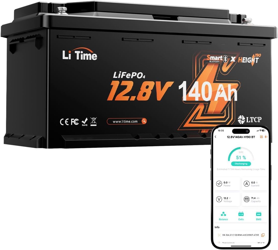 LiTime Batterie Lithium 12V 140Ah H190 LiFePO4 pour Camping-Cars et RV