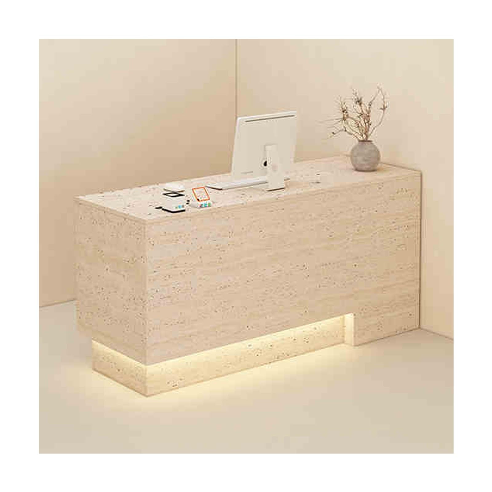 Moderner Empfangstisch mit abschließbarer Schublade, 110 cm, für Büro, Check-in-Theke, Travertinplatte, ideal für Profis und Schönheitssalons
