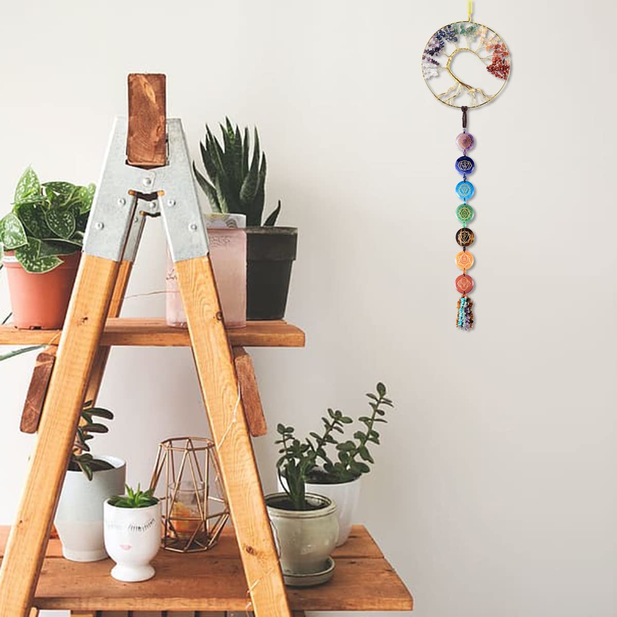 KYEYGWO 7 Chakren Stein Baum des Lebens Hängen Deko mit Chakra Symbole Trommelsteine Quaste, Kristall Wand Hängende Ornament Edelstein Traumfänger Haus Fensterdekoration