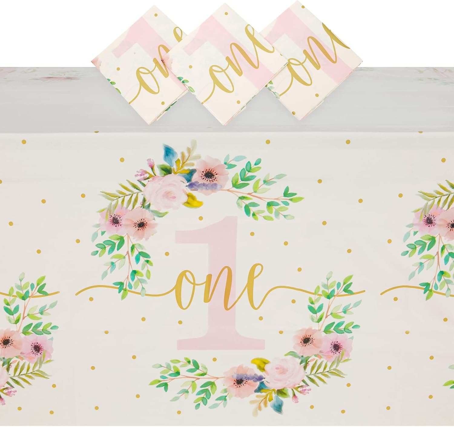 BLUE PANDA 3-Pack Floral Plastic Tablecloth Set, Baby Girl's 1st Birthday Party Supplies, Decorations for Birthdays, Anniversaries, Celebrations (Flower Design, 54x108 in)