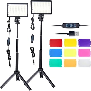 2Packs LED Video Light Kit with Adjustable Tripod Stands,Dimmable 10000K USB Video Photography Streaming Lighting with 9 Color Filters for Low-Angle Studio Shooting,Video Recording Conference YouTube