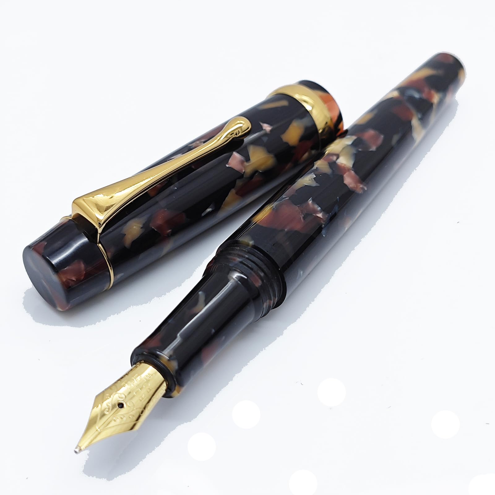 Luxury Writing Fountain Pen Set, Brown acrylic marble Medium Nib, Refillable Ink Converter, Ink Cartridge (Blue/Black) Gift Box