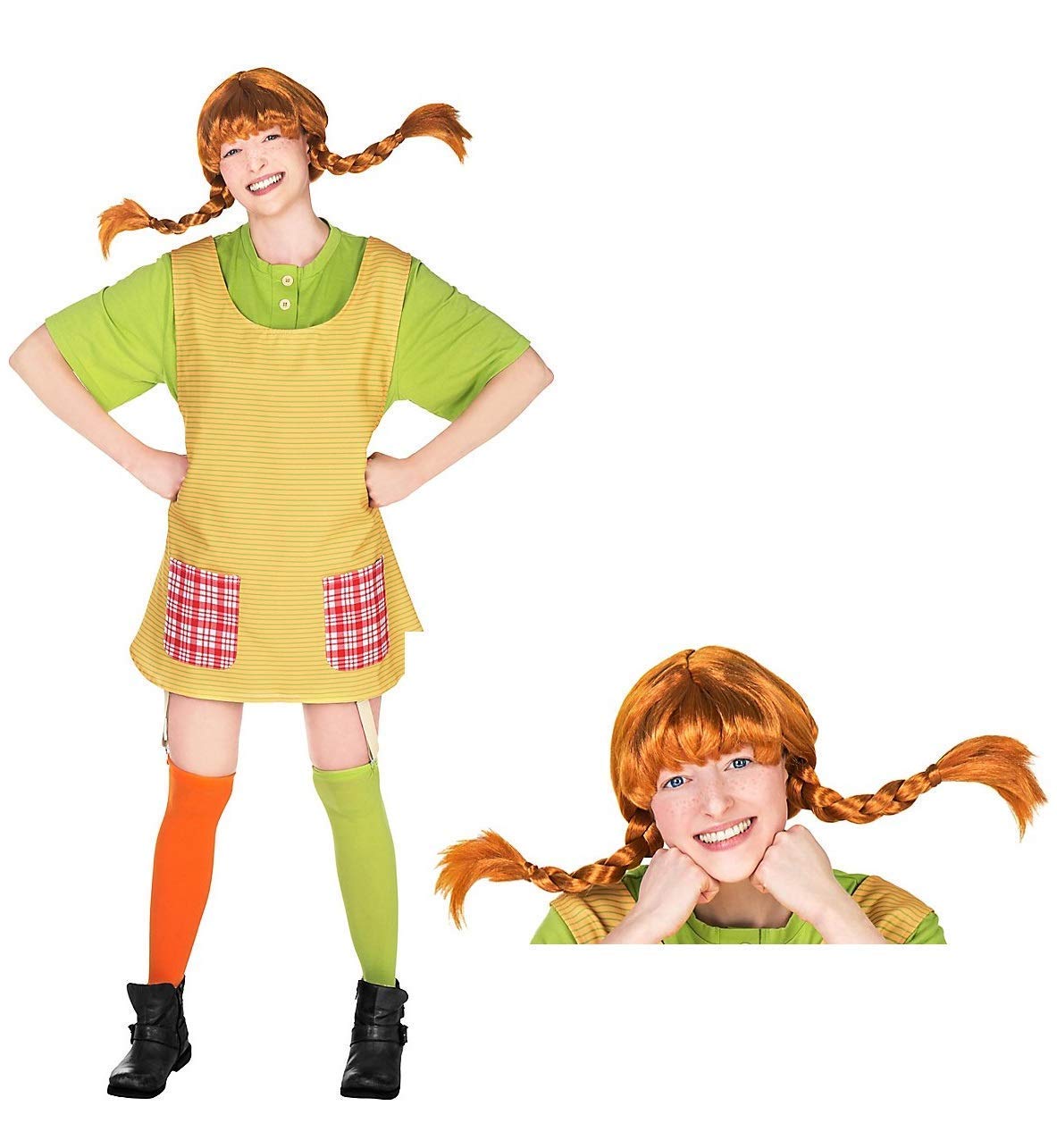 Maskworld Pippi Langstrumpf Kostüm für Damen, 5-teilig mit Shirt, Schürze, Strümpfe & Perücke, Karneval Verkleidung Faschingskostüm Party, offiziell lizenziert Klassiker Filmkostüm Kult-Outfit – XL