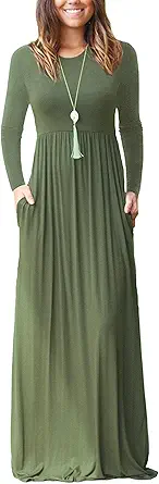 AUSELILY Women Long Sleeve Loose Plain Maxi Dresses Casual Long Dresses with Pockets