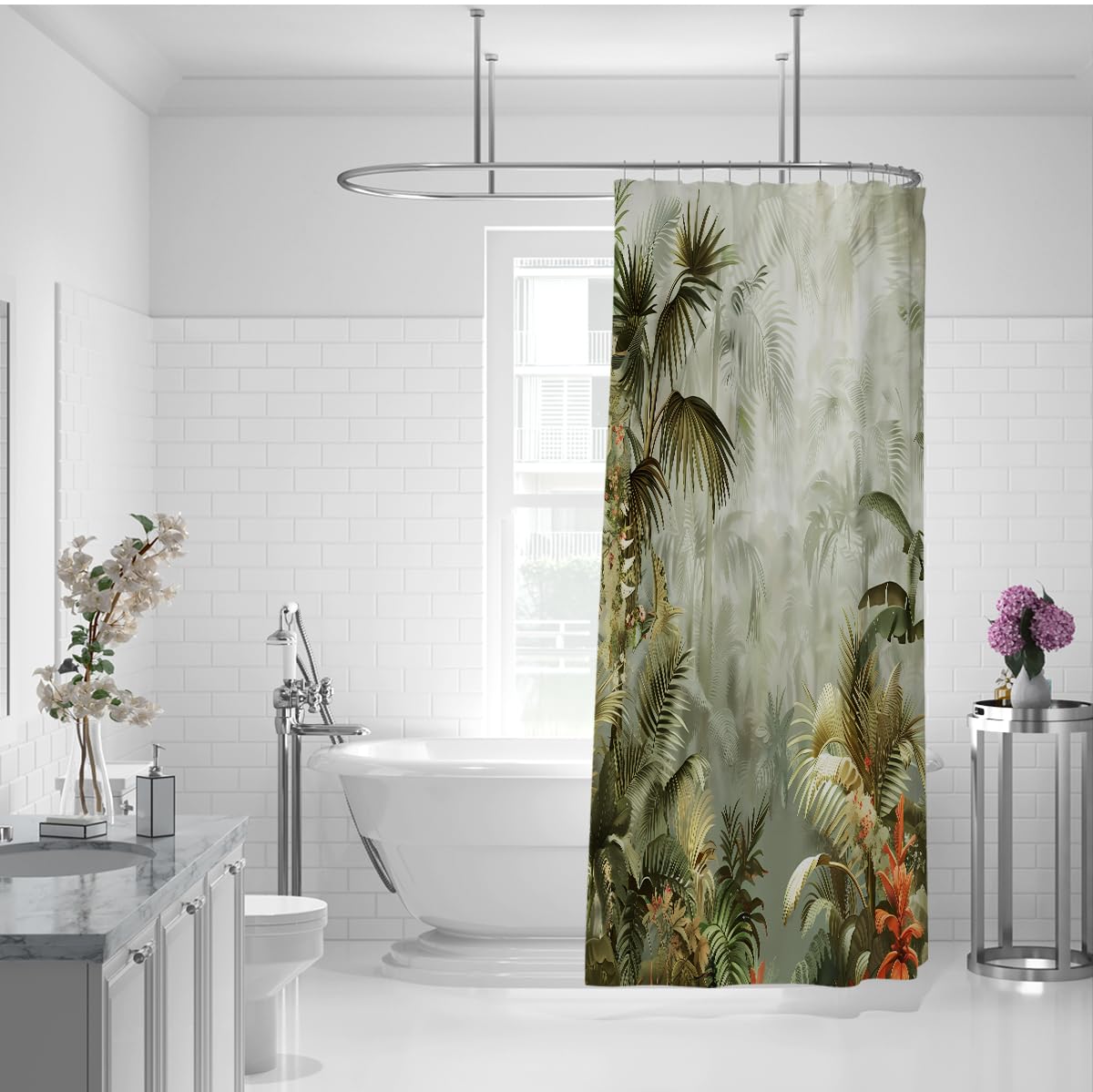 Rideau de Douche Jungle forêt Tropicale Feuilles Palmier 200 x 220 cm