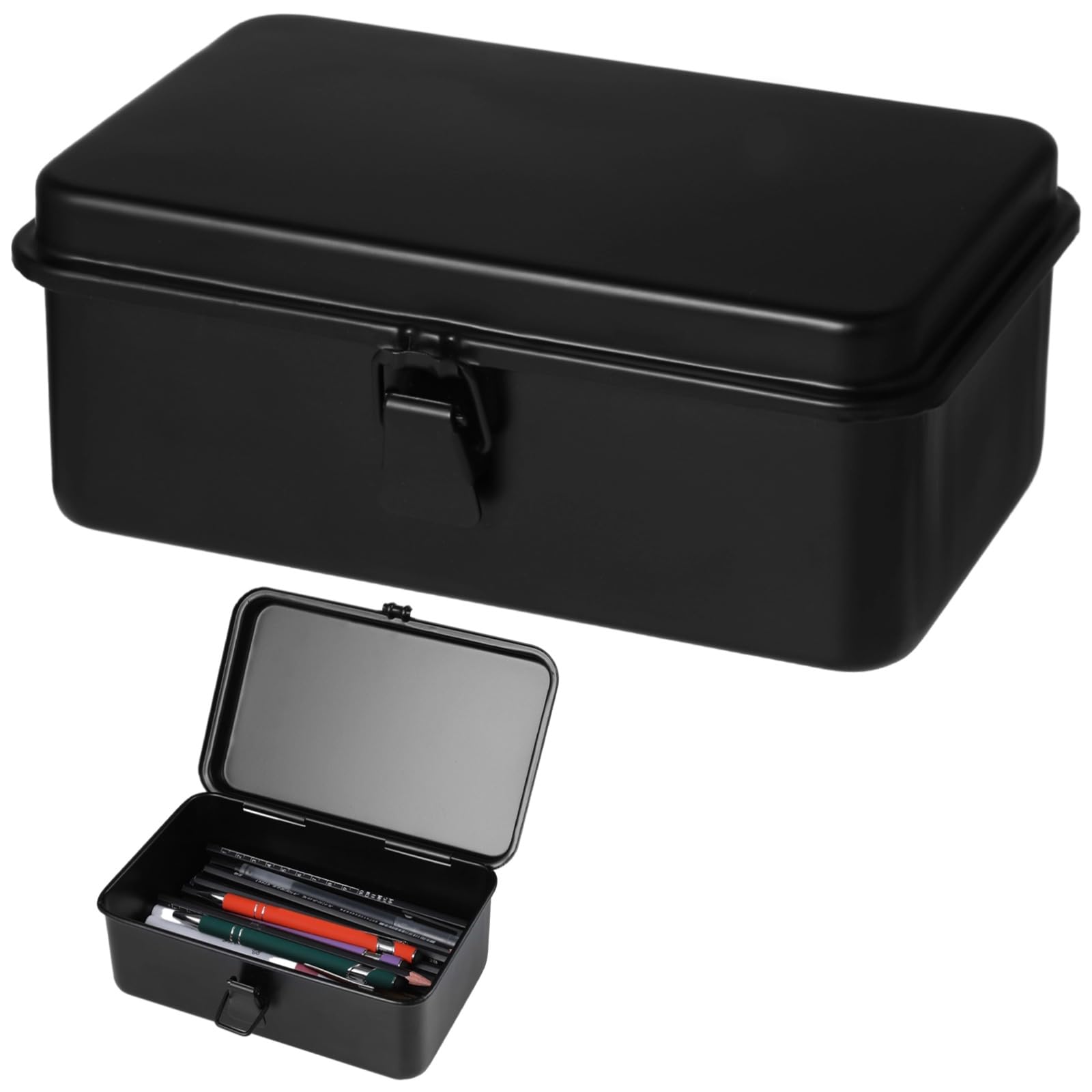 Steel Storage Box with Hinged Lid, Metal Container for Scrapbook Stamps, Rectangular Empty Hinged Tool Box, Metal Storage Organizer for Pegs, Pens, Stationary (7.9 X 5 X 3 Inch)