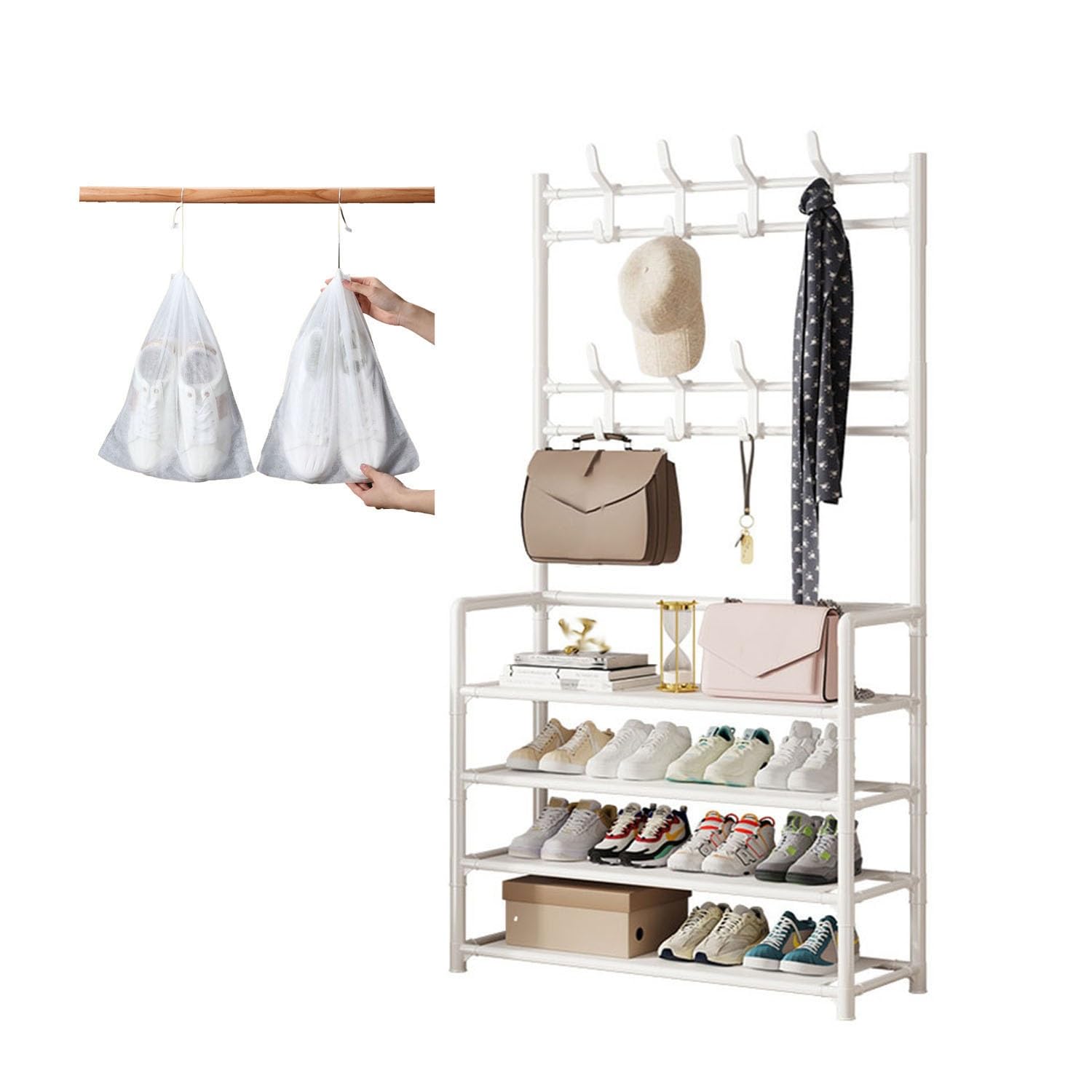 Zapatero con 3/4/5 estantes de metal para entrada, tela no tejida, con 8 ganchos y 10 fundas para zapatos (blanco, 78 x 28 x 158 cm)