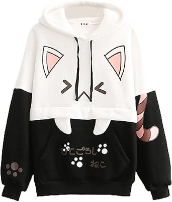 Himifashion Losse en warme fluwelen hoodie met schattig patroon voor tienermeisjes Kawaii kattenprint, zwart, één maat