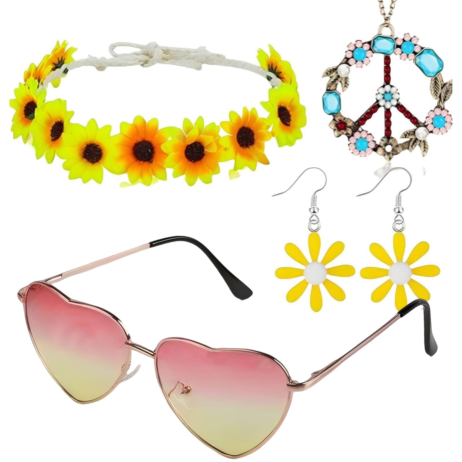 4 Pcs 60s 70s Hippie Women Accessories Set Fancy Dress for Women Including Vintage Hippie Glasses Daisy Headband Peace Sign Necklace Earrings Party Supplies for Groovy Cosplay Party Halloween (Yellow)